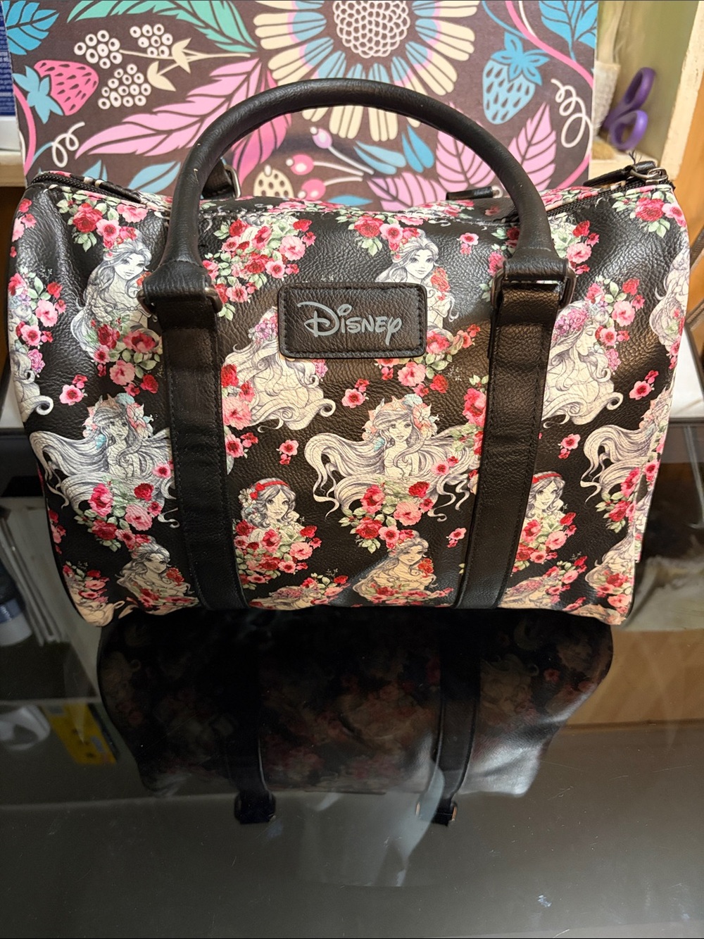 Disney Black Floral Princess Satchel with Pink Roses